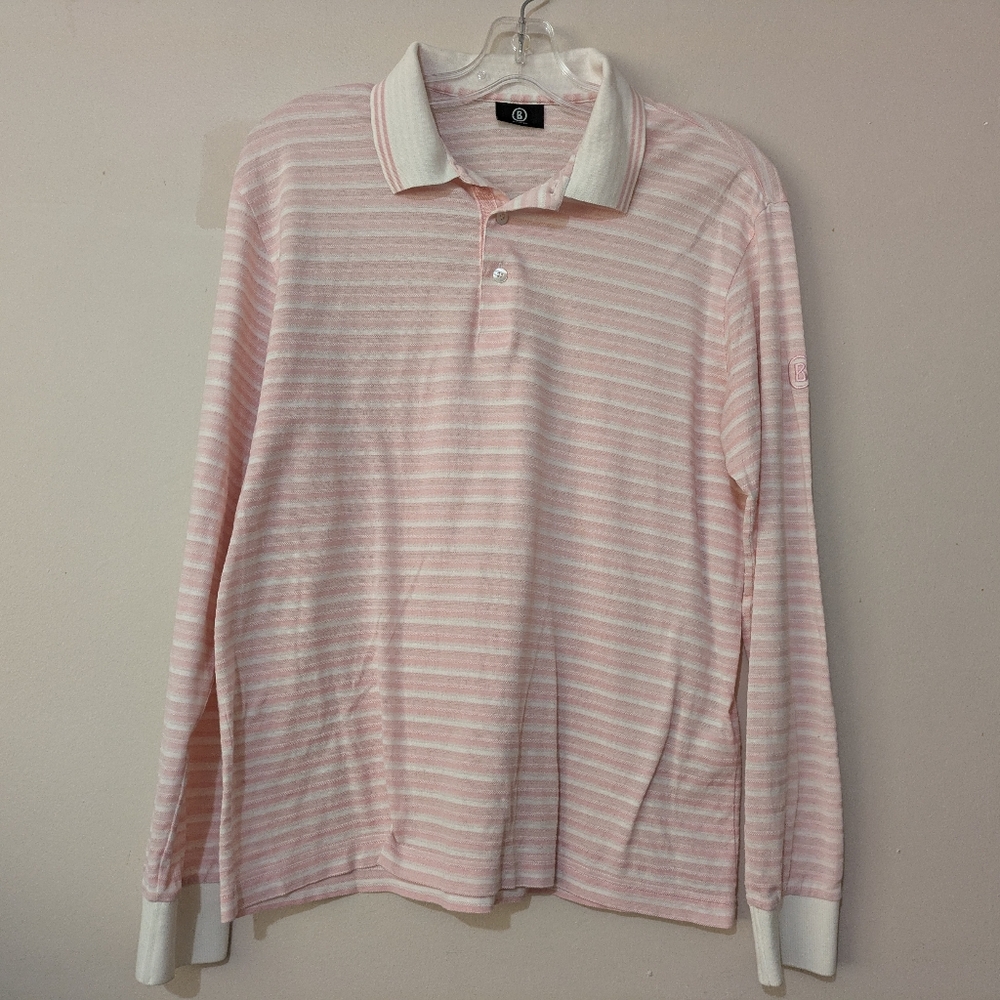 Bogner Pink and White Striped Long Sleeve Polo Shirt US Size 16 XL EUC